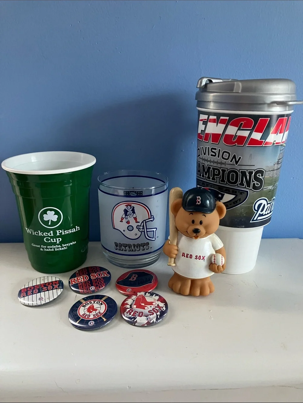 Bundle of New England Patriots and Boston Red Sox Cups and Pins and Bear